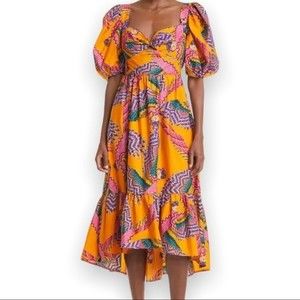 Farm Rio Dress Small Beaded Macaws Midi Orange Bird Print NWT